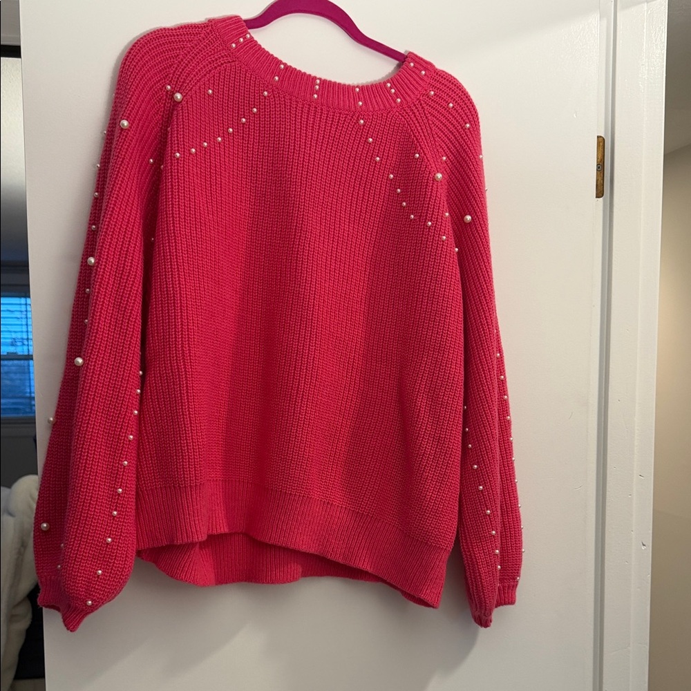 Chic Soul Bright Pink Pearl-Embellished Crewneck Sweater